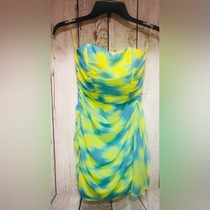 Bershka Ruched Blue/yellow Tie Up Side Bandeau Tie Due Effect Strapless Dress Sm